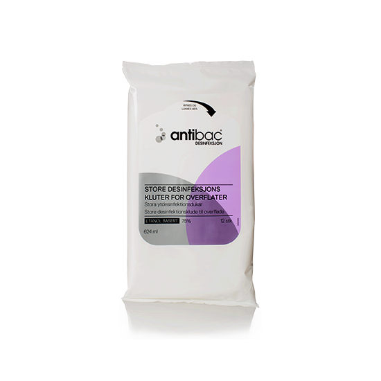 Antibac Overflatedesinfeksjon store kluter 75 % - pakke à 12 stk - Desinfiseringsmiddel - Hudpleiegrossisten